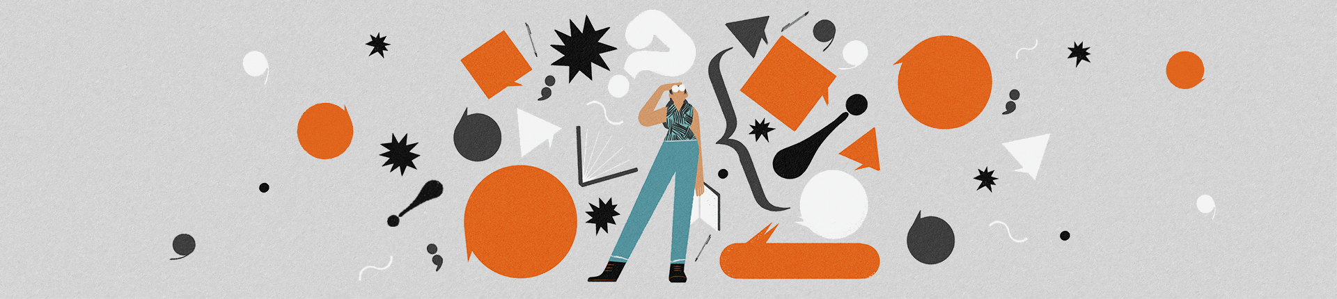 Illustration of a writer in the middle of question marks and speech bubbles